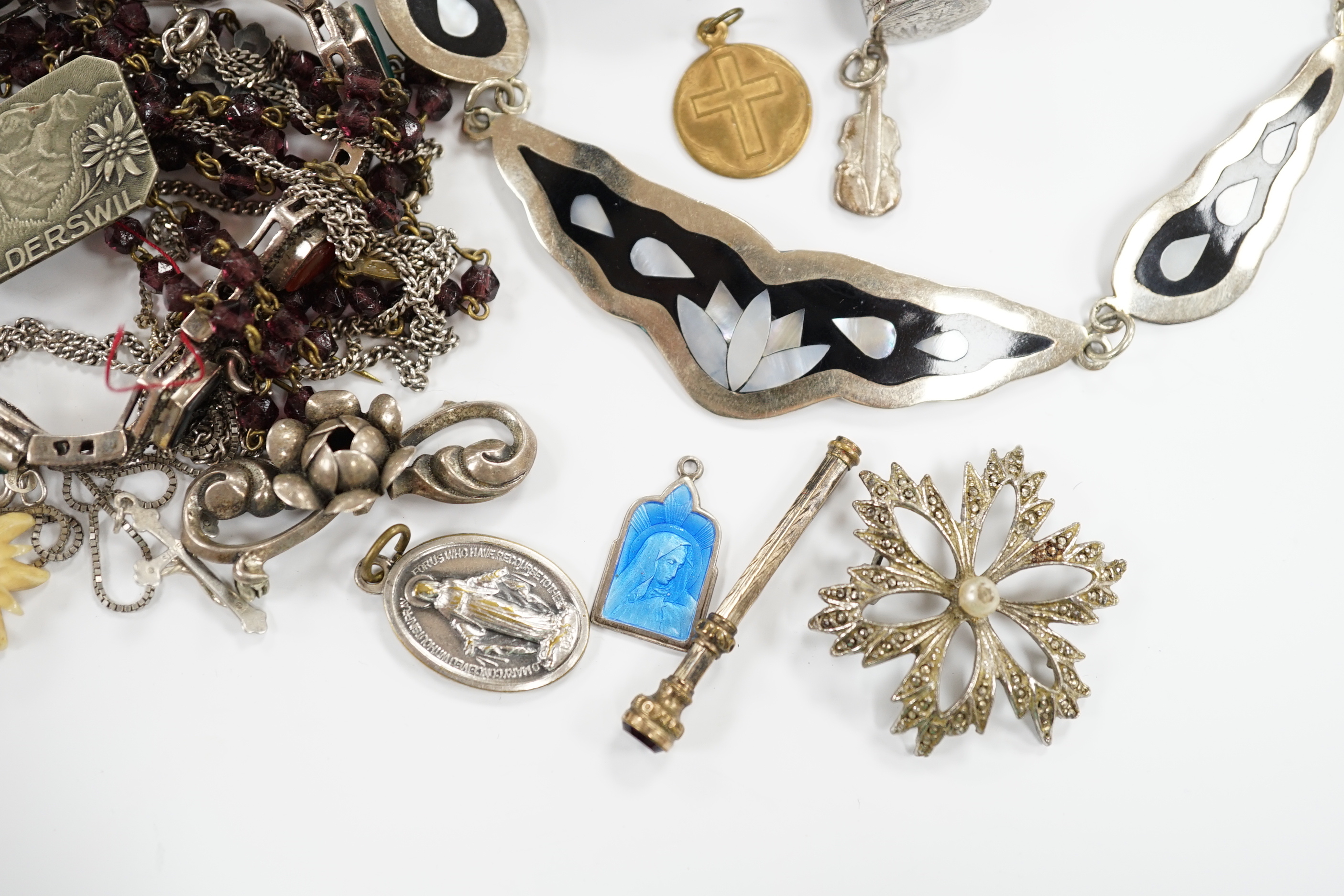 A quantity of white metal and other jewellery, including necklaces, together with an 800 standard open face pocket watch.